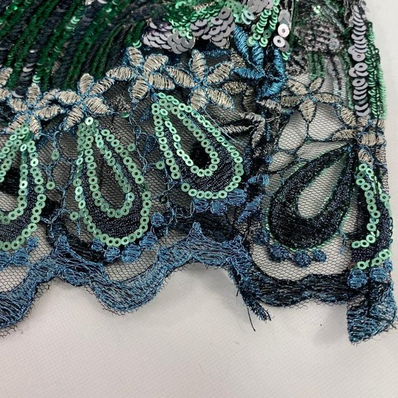 Women's Green Modern Style Sequined Sheer Lace Fabric Round Neck Overlay Top - Picture 3 of 3